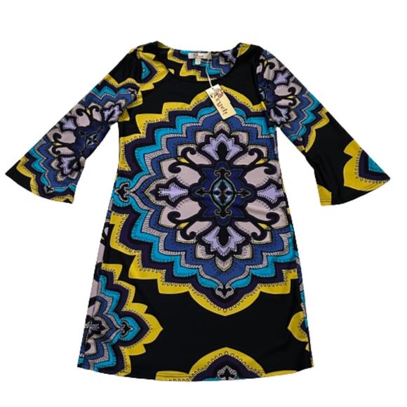 ARYEH Dress Retro Colorful Medallion Print 3/4 Bell Sleeve Shift Dress Small - Picture 3 of 10